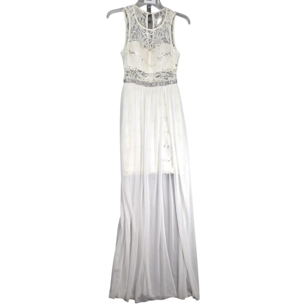 BCX Sheer Lace Overlay Off-White Dress Sz 3 Juniors Sleeveless Sequin Split Prom